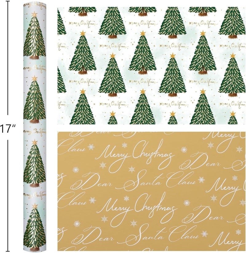 Retrify Reversible Christmas Wrapping Paper - Green Christmas Tree Design Metallic Gold Foil Shine Gift Wrap Paper for Holiday Shower Party Celebration - 17 Inch x 32.8 Feet Mini Roll - Image 4